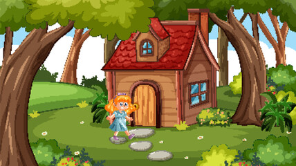 Cartoon girl standing by a whimsical woodland house