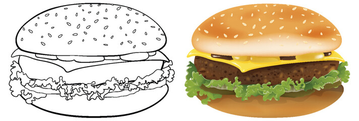 From line art to colored cheeseburger vector illustration.