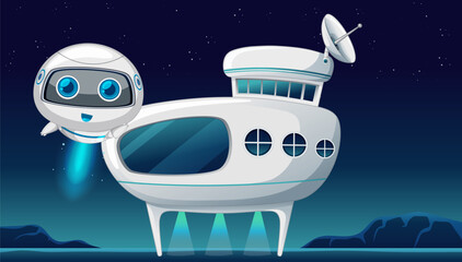 Cute robot beside a spaceship under starry sky