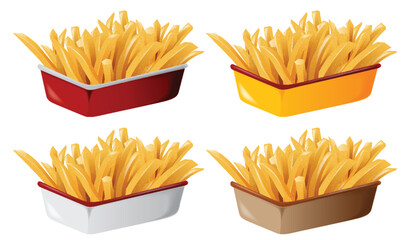 Four containers of golden french fries vector