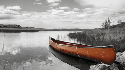 A canoe sits in the water near a shore - obrazy, fototapety, plakaty
