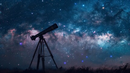 Field Telescope Poised Against a Glittering Starfield and Nebulae in the Night Sky