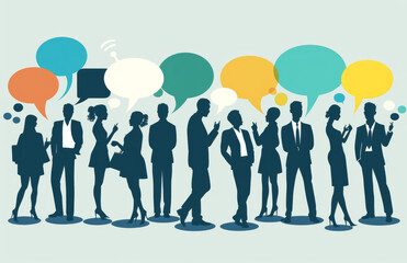Cartoon, abstract and group of business people with speech bubble for speaking, discussion and talking. Corporate, illustration and graphic of employees with communication for opinion, voice and idea