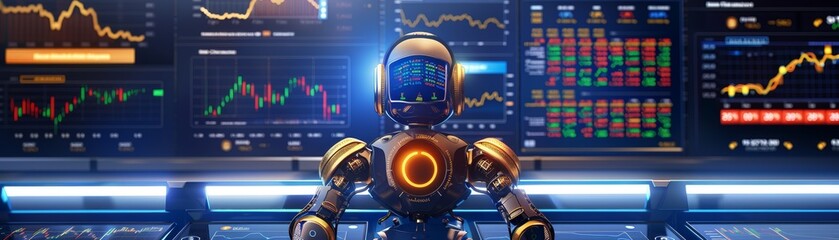 AI powered robots analyzing economic data and making investment recommendations , Representing the future of automated economic analysis