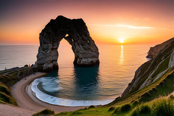 A natural rock arch formation on a beach with the sun setting over the ocean in the background. - Powered by Adobe