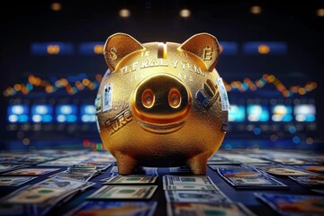 Golden piggy bank overflowing with economic reports instead of money , Illustrating the value of knowledge and information in economics - obrazy, fototapety, plakaty