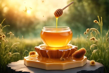 Foto op Plexiglas Aesthetic photography of a podium stage displaying a bowl of honey with beautiful drips and a nature sunrise background. Honey product advertisement media. Illustration media information © Fitri