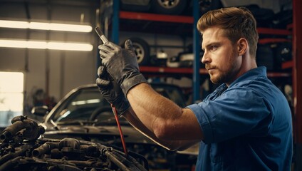 mechanic is repairing car engine - Powered by Adobe