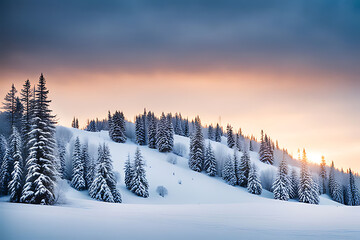 A scenic winter landscape with snow-covered trees on a hillside under a colorful sunrise sky.