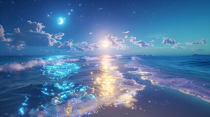 light blue beach covered with colored glowing glass, fluorescent ocean, moonlight, sparkling stars, 3d, ultra wide angle view, aerial view, ling stars moonlight on the ocean