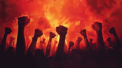Fury Unleashed Raised Fists in a Rioting Crowd - obrazy, fototapety, plakaty