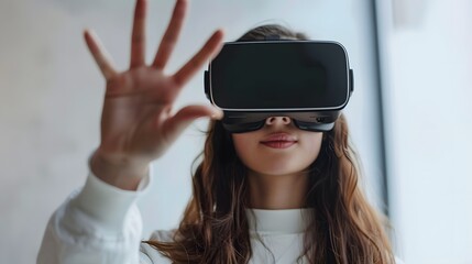 Depiction of a young woman in vr headset performing finger gestures for touching, zooming and swiping. women embrace virtual reality or metaverse innovation for 3d simulation