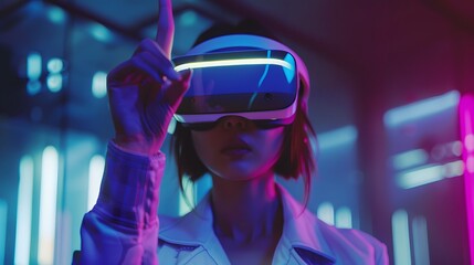 Image of a young woman wearing vr headset executing finger gestures for touching, zooming and swiping. women explore virtual reality or metaverse innovation for 3d simulation