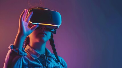 Snapshot of a young woman with vr headset engaging in finger gestures for touching, zooming and swiping. women adopt virtual reality or metaverse innovation for 3d simulation