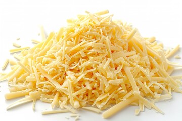 In-depth of an array of grated cheese over a white setting deleterious item for food making and space, Generative AI.