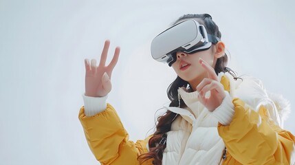 Visualization of a young woman with vr headset making finger gestures for touching, zooming and swiping. women adopt virtual reality or metaverse innovation for 3d simulation