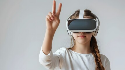 Illustration of a young woman donning vr headset displaying finger gestures for touching, zooming and swiping. women employ virtual reality or metaverse innovation for 3d simulation