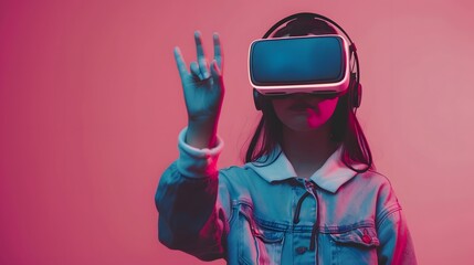 Picture of a young woman in vr headset performing finger gestures for touching, zooming and swiping. women embrace virtual reality or metaverse innovation for 3d simulation