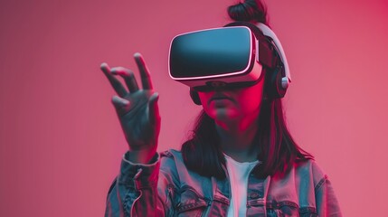 Portrayal of a young woman donning vr headset illustrating finger gestures for touching, zooming and swiping. women explore virtual reality or metaverse innovation for 3d simulation