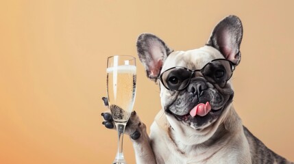 A French bulldog wearing horn-rimmed glasses holds a champagne glass in its paw.