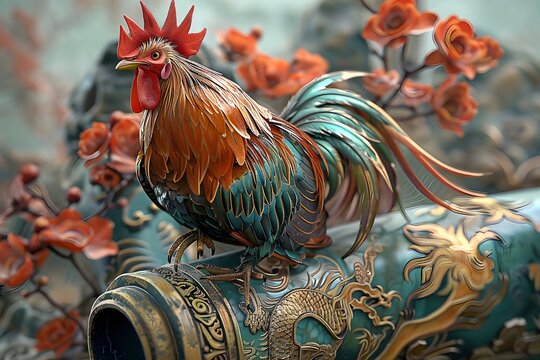 Fiery Feathered Rooster Perched on Vibrant Chinese Mythical Scroll A Captivating 3D Rendered Artwork Blending Realism and Fantasy