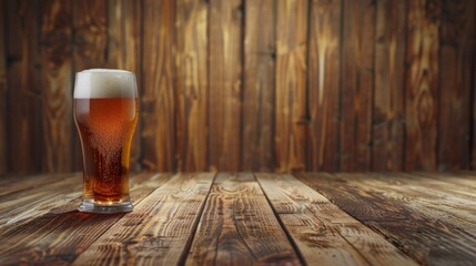 A glass of beer on a wooden table with a wooden background.