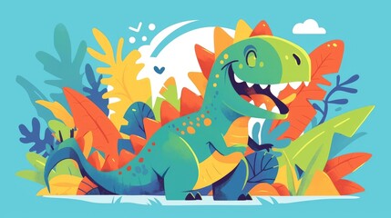 An amusing and cheerful cartoon illustration of a colorful friendly dinosaur from prehistoric times designed specifically for children is depicted in isolation