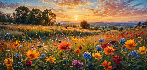 Sunset flower field art illustration.
