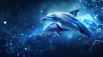 dolphins on a bright background with highlights, dots and lights. AI generated