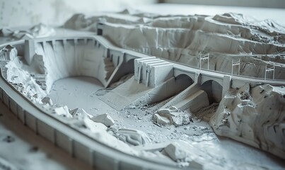 Craft a clay sculpture showcasing a close-up view of a hydroelectric dam from an aerial, tilted angle Emphasize the textures and layers of the clay to add depth and realism to the structure, capturing