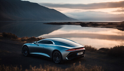 Fototapeta na wymiar Concept car on the lake.