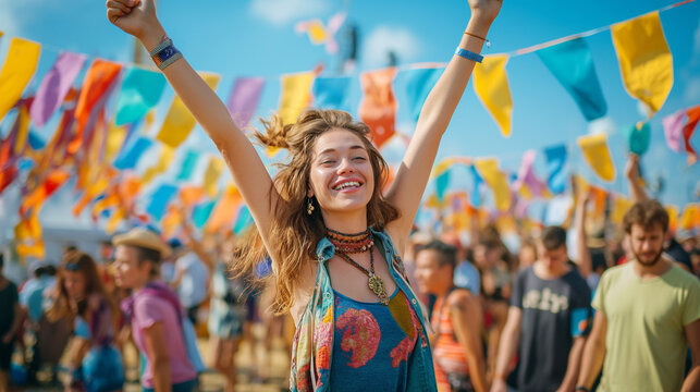 Young woman with arms raised, joyful at outdoor festival.