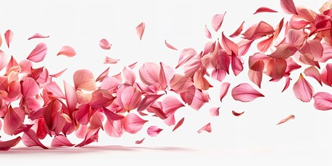 Portrait of flying pink petal flower flying in a clean white backdrop with a big space for text or product advertisement perfect for beauty products, Generative AI.