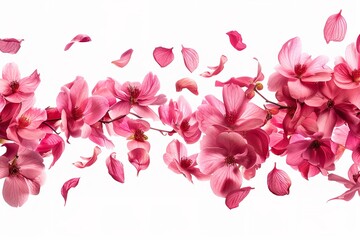 Portrait of flying pink petal flower flying in a clean white backdrop with a big space for text or product advertisement perfect for beauty products, Generative AI.