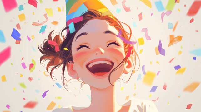 A cheerful girl wearing a birthday hat surrounded by confetti is beaming on a white background
