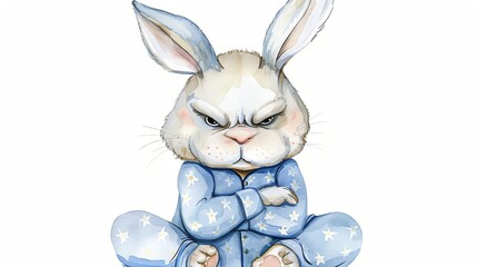 bad mood chubby bunny wearing pajamas with furrowed eyebrows and crossed arms clipart, Korea watercolor illustration, Perfect for nursery art, simple, clipart, single object, Isolated on white backgro