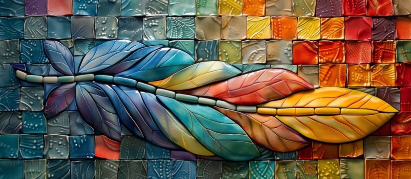 Vibrant, colorful feather shown in close-up detail, set against a textured mosaic wall background