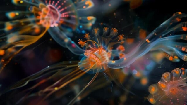 A stunning image of ciliates engaging in a show of strength as they clash with one another using various defense mechanisms. The bright . AI generation.