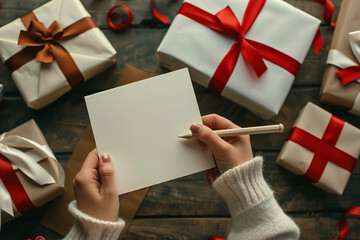 A person writing on an empty white card, wrapped gifts and decorative ribbons on the table, holding a pen or pencil in their hand