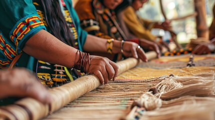 close up old native americans women hands making traditional waving craft together with copy space.  - obrazy, fototapety, plakaty
