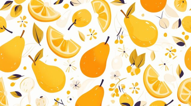 A vibrant and lively pattern features a playful cartoon mango against a white backdrop This cheerful design includes a vivid slice of this delicious fruit perfect for embellishing m