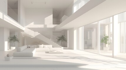 3D Rendering of Modern Living Room with Couch and Staircase