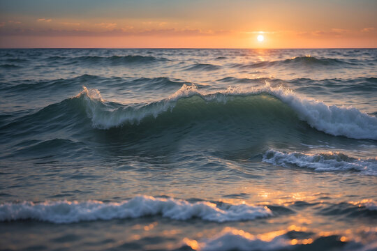 Close shot of wavy sea water surface with blurred sunset background