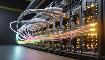 A network server's switch panel, where multiple fiber optic cables with glowing LED lights, highlighting the advanced technology that powers data communications - obrazy, fototapety, plakaty