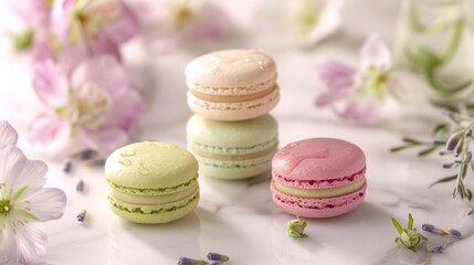 Fototapeta premium Floral macaron set. Crafted with vibrant flavors, each macaron is miniature work of art, from classic like raspberry and pistachio to exotic creations such as lavender honey and matcha green tea