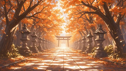 In autumn, the leaves on both sides of an orange tree alley - obrazy, fototapety, plakaty