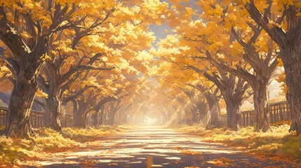 In autumn, the leaves on both sides of an orange tree alley