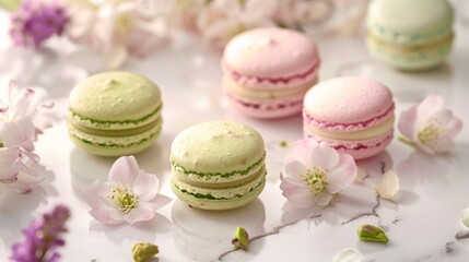 Floral macaron set. Crafted with vibrant flavors, each macaron is miniature work of art, from classic like raspberry and pistachio to exotic creations such as lavender honey and matcha green tea