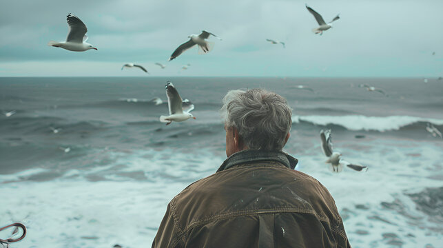 a man looking out onto the ocean with seagulls flying over him, in the style of social media portraiture, agfa vista, dadaist, the snapshot aesthetic, candid portraiture, grandparent