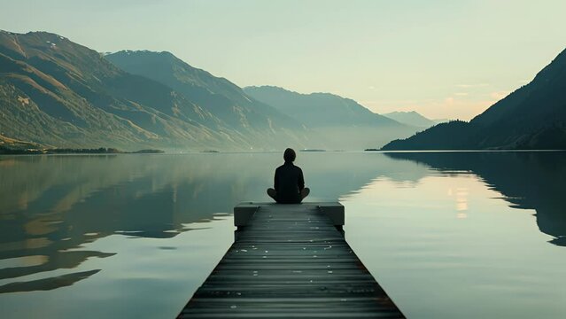 In a serene lakeside setting a person sits on a dock with their back facing the camera. The water is calm and the mountains in the . .